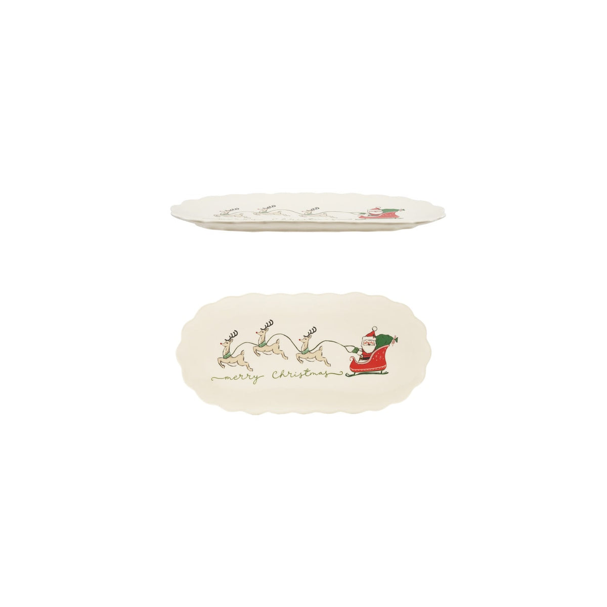 Stoneware Scalloped Platter with Santa's Sleigh & Reindeer "Merry Christmas" ©