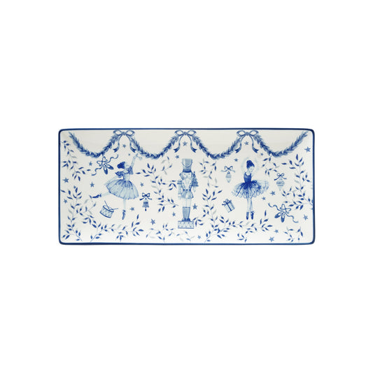 Stoneware Tray with Ballerinas & Nutcracker, White & Blue