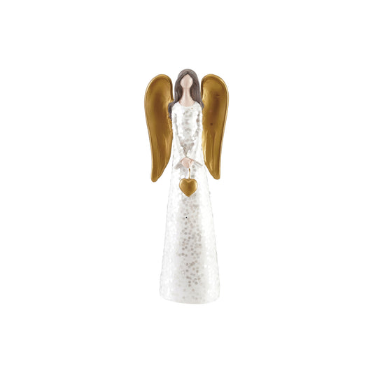 Resin Angel with Heart & Glitter, White, Gold Finish & Brown