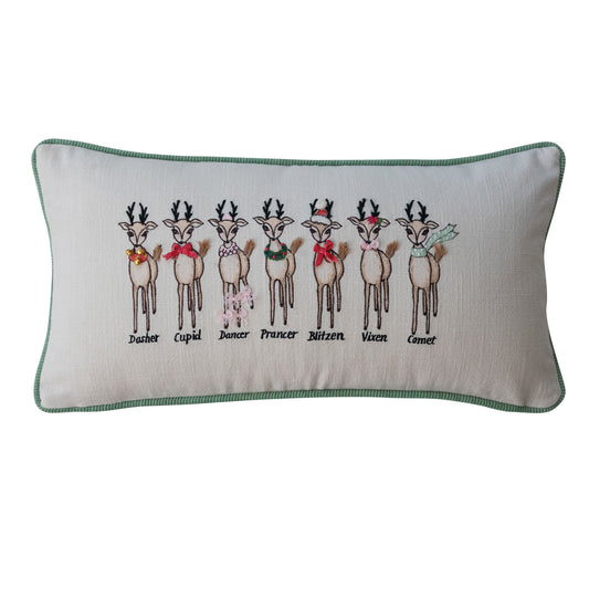 Sana's Prancing Reindeer Embroidered Lumbar Pillow