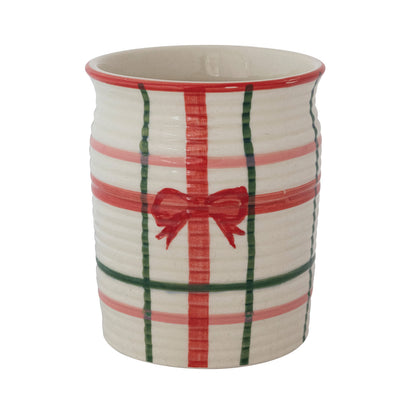 Hand-Painted Ribbed Crock with Plaid Pattern & Bow (Each One Will Vary)