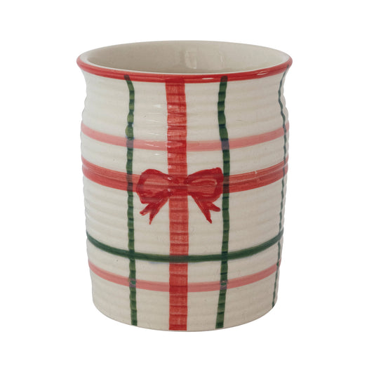 Hand-Painted Ribbed Crock with Plaid Pattern & Bow (Each One Will Vary)
