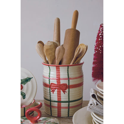 Hand-Painted Ribbed Crock with Plaid Pattern & Bow (Each One Will Vary)