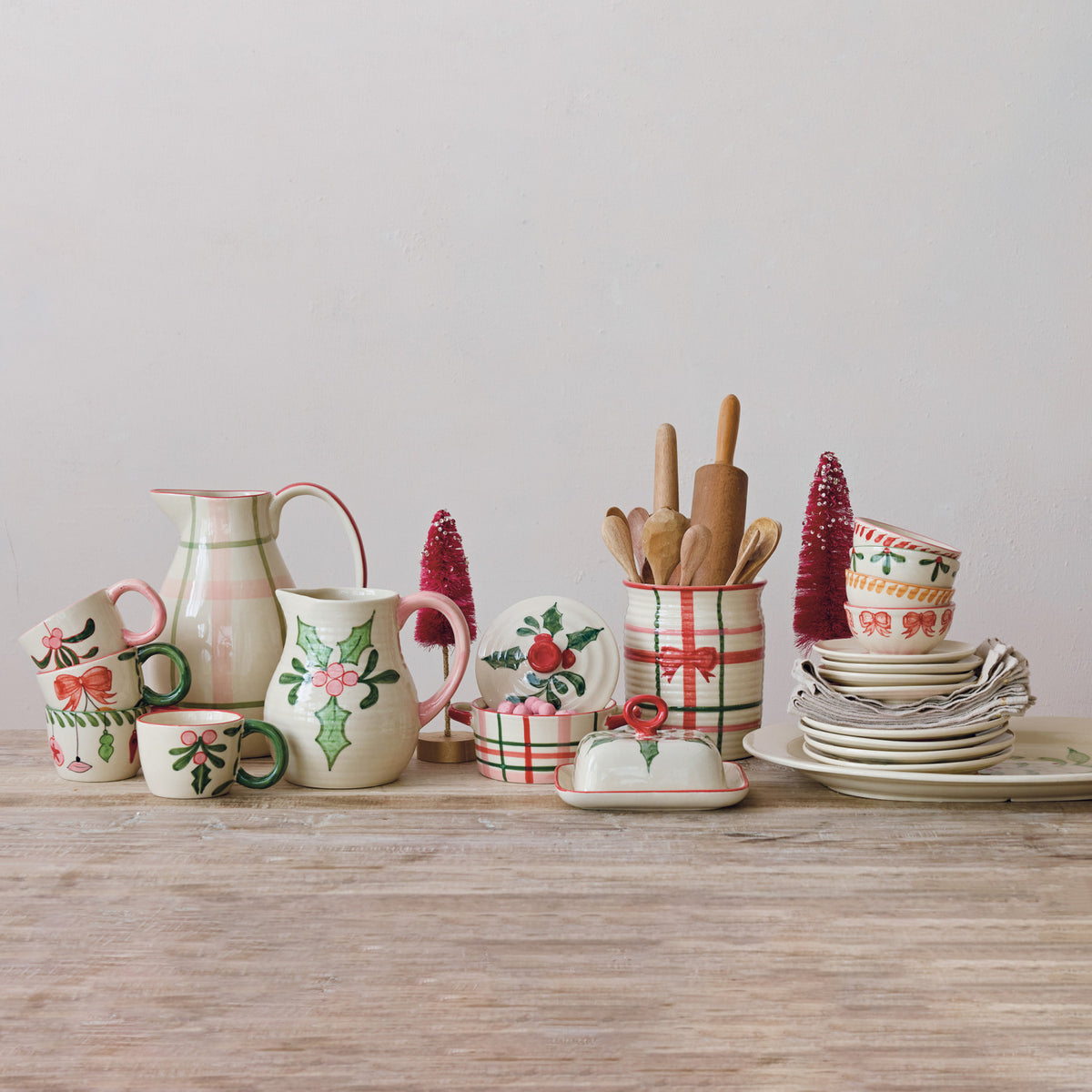 Hand-Painted Ribbed Crock with Plaid Pattern & Bow (Each One Will Vary)