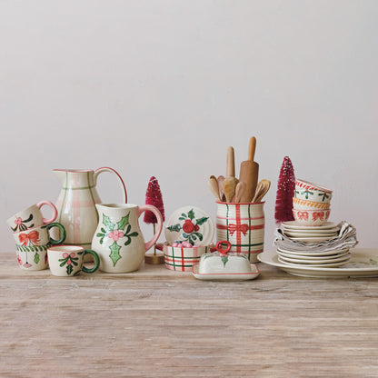 Hand-Painted Ribbed Crock with Plaid Pattern & Bow (Each One Will Vary)