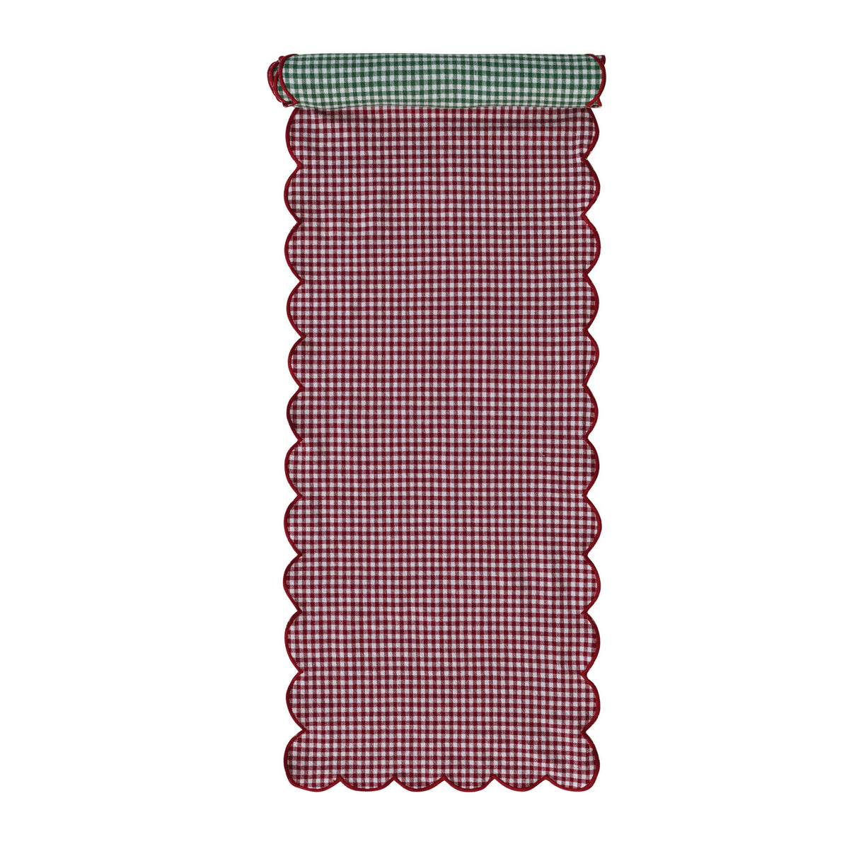 Scalloped Reversible Gingham Table Runner with Red Stitched Edge