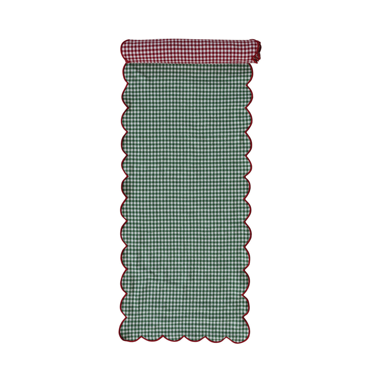 Scalloped Reversible Gingham Table Runner with Red Stitched Edge