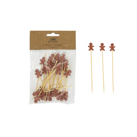 Gingerbread Man Shaped Bamboo Single Use Picks, Natural & Brown, Set of 50
