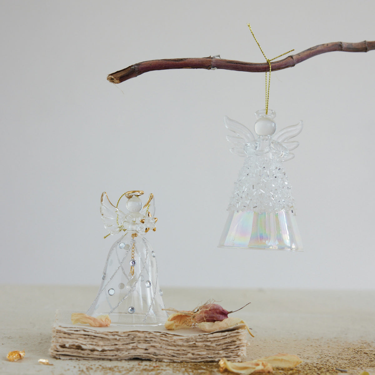 Glass Angel Ornament, 2 Styles (Hangs or Sits)