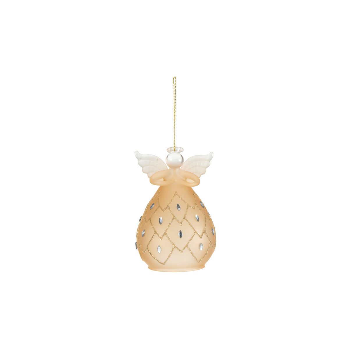 Frosted Glass Angel Ornament with Glitter & Faux Jewels, Apricot Color (Hangs or Sits)