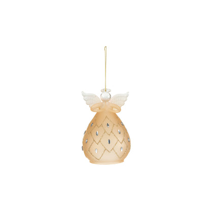 Frosted Glass Angel Ornament with Glitter & Faux Jewels, Apricot Color (Hangs or Sits)