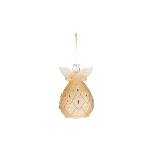 Frosted Glass Angel Ornament with Glitter & Faux Jewels, Apricot Color (Hangs or Sits)