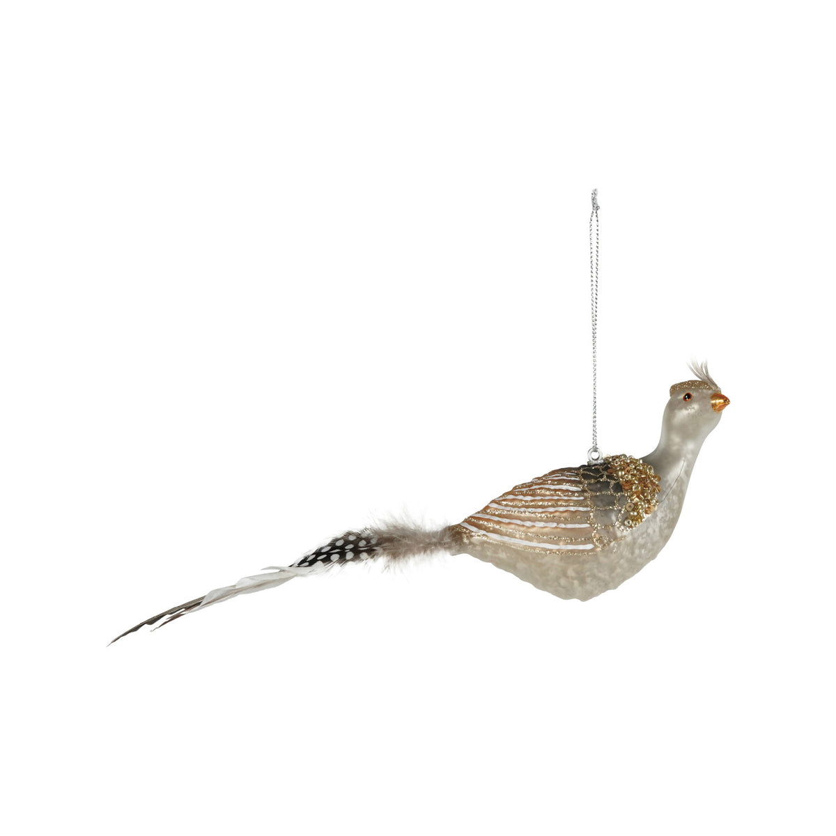 Hand-Painted Mercury Glass Bird Ornament with Sequins, Beads, Glitter & Feathers