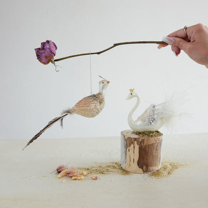 Hand-Painted Mercury Glass Bird Ornament with Sequins, Beads, Glitter & Feathers