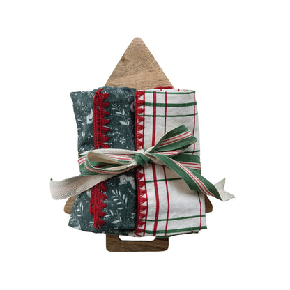 Tea Towels & Tree Shaped Cheese/Serving Board, Set of 3 Tied with Cotton Tape
