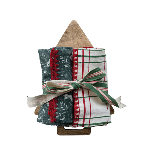 Tea Towels & Tree Shaped Cheese/Serving Board, Set of 3 Tied with Cotton Tape