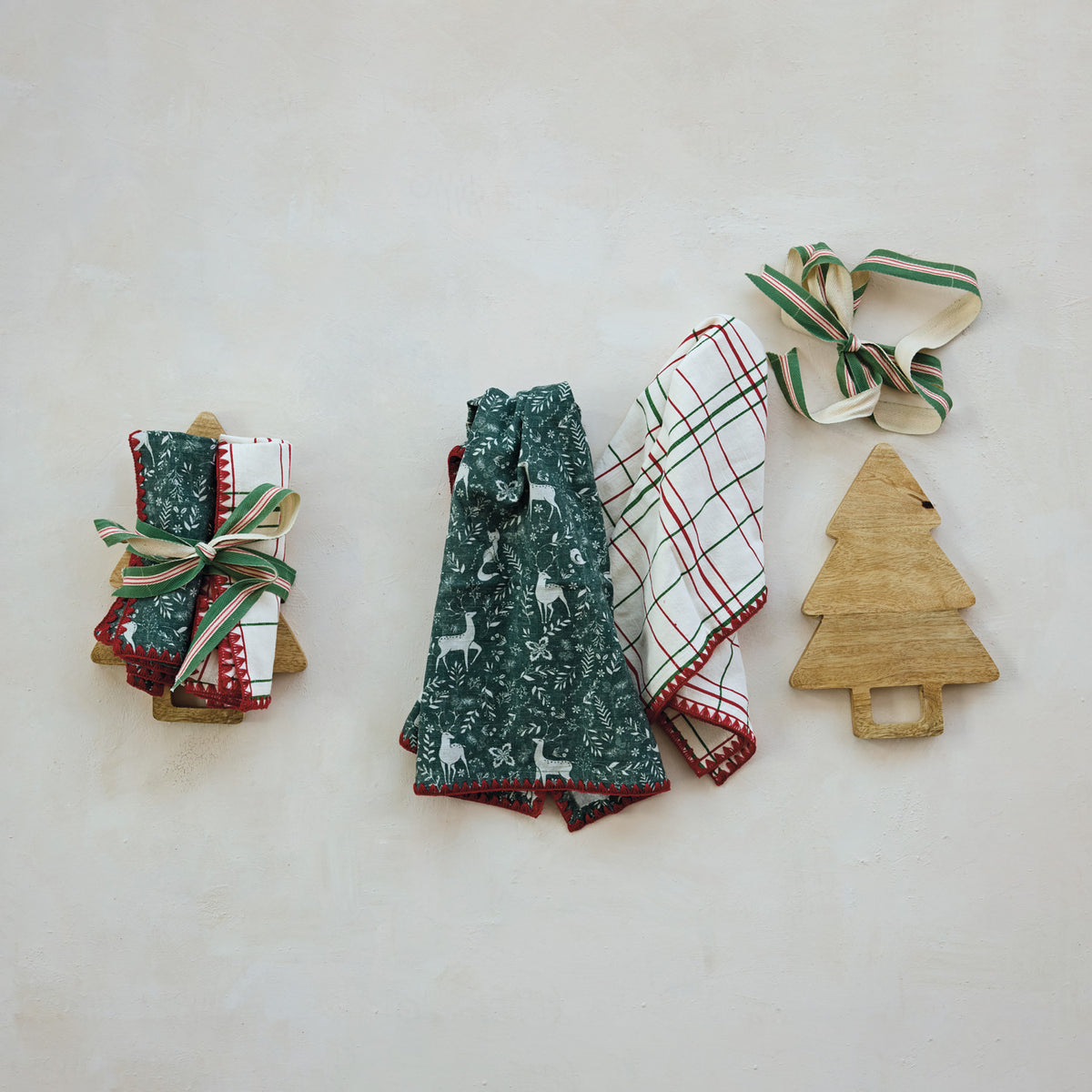 Tea Towels & Tree Shaped Cheese/Serving Board, Set of 3 Tied with Cotton Tape