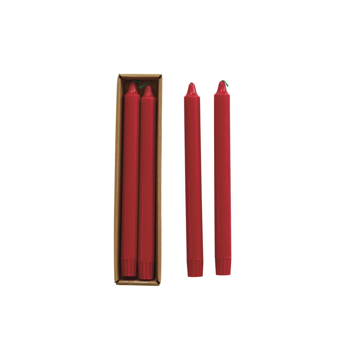 Unscented Taper Candles with Green Wick in Box, Red, Set of 2 (Est. Burn Time 8 Hours)
