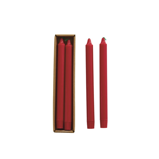 Unscented Taper Candles with Green Wick in Box, Red, Set of 2 (Est. Burn Time 8 Hours)